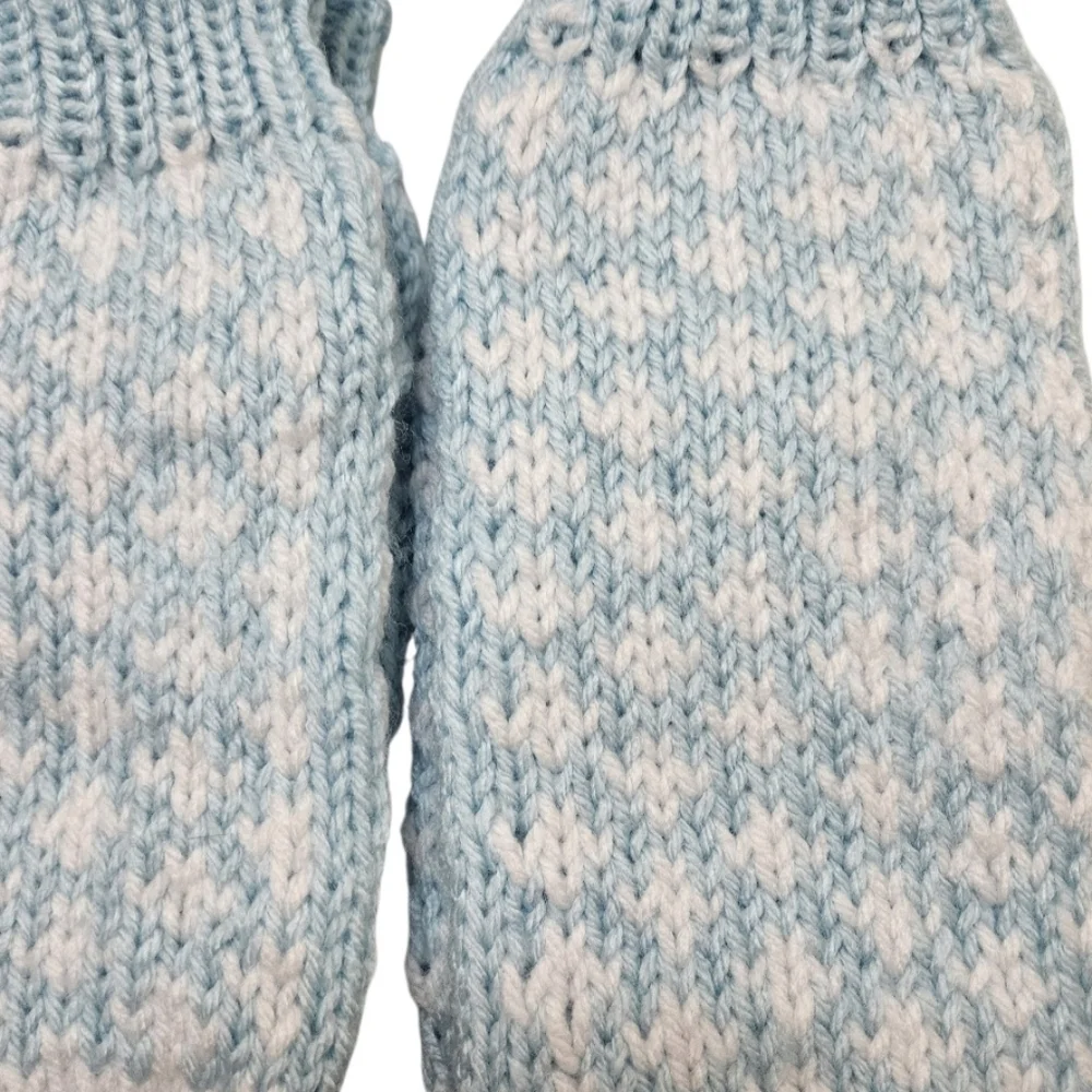 Hand Crafted Crochet Mittens Heart Design Ribbed Trim One-of-a-Kind Blue White